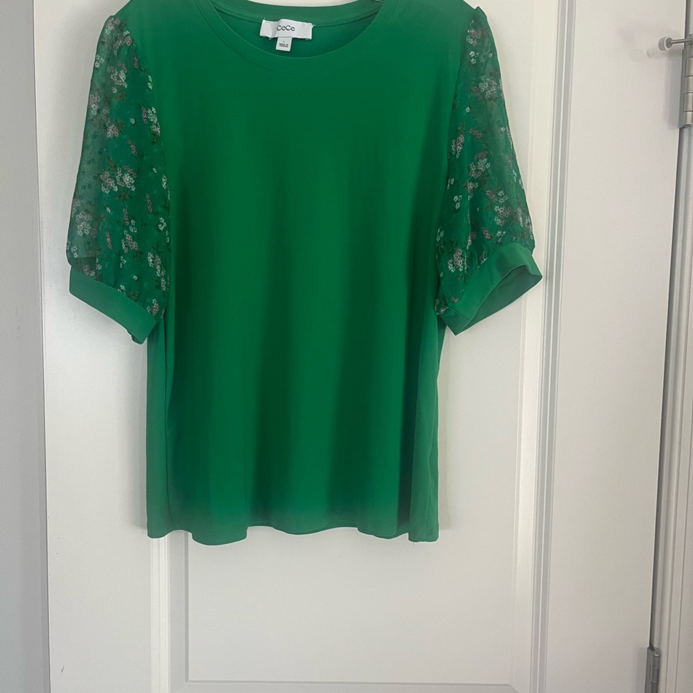 CeCe Green Floral Lace Sleeve Blouse